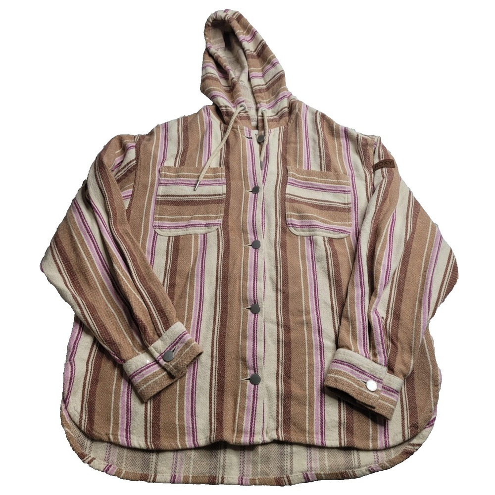 Roxy Sunlight Rider Striped Hooded Shirt Jacket 100% Cotton Beach Women's Medium